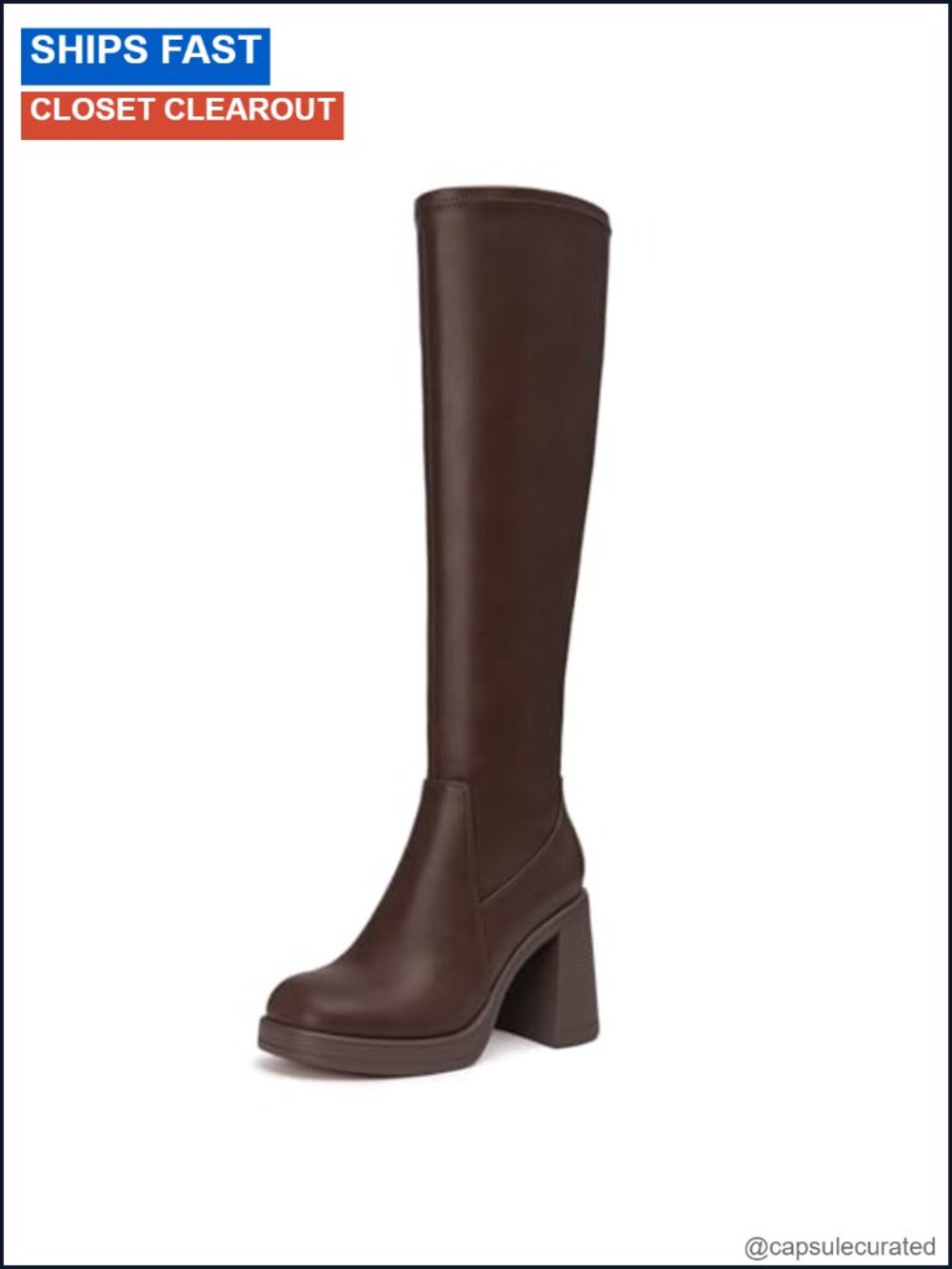 Women's Stretch PU Knee High Chunky Platform Boots Square Toe